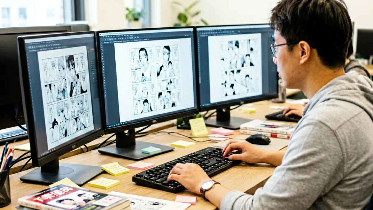 禁漫网编辑团队在明亮的工作间里对着多块屏幕审阅漫画稿件，桌上散落着参考书籍与便签，氛围专注而温暖