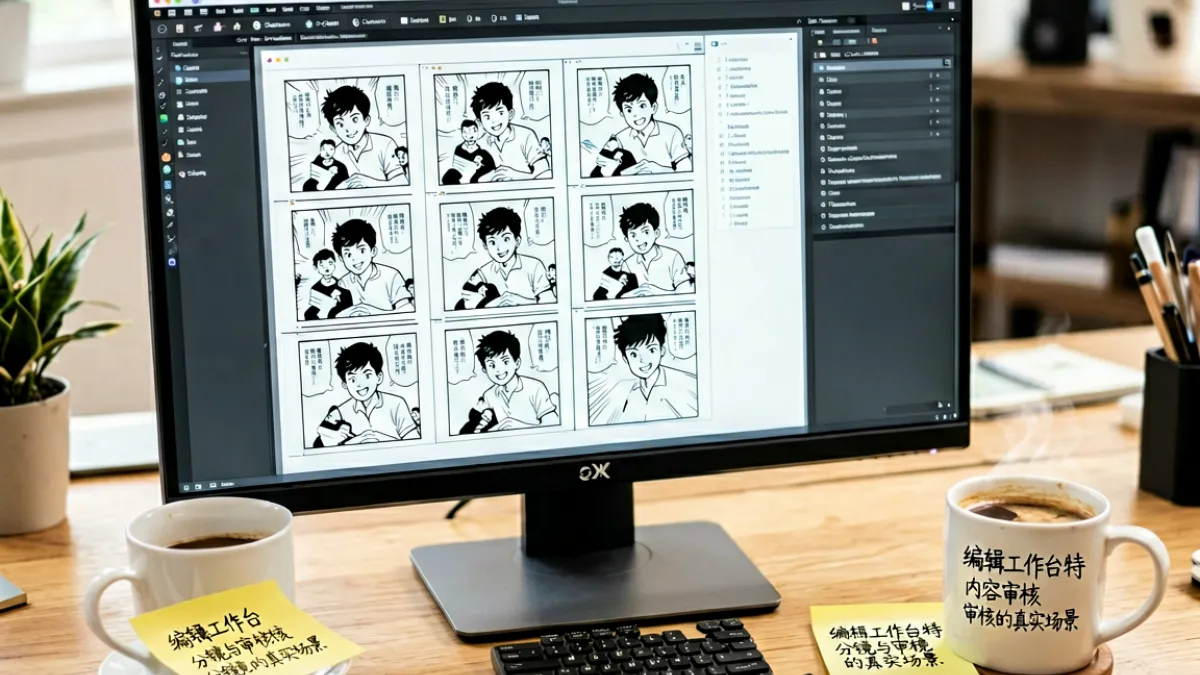 编辑工作台特写，屏幕上展示着漫画分镜与审核标注，旁边放着一杯咖啡和手写便签，呈现内容审核的真实场景