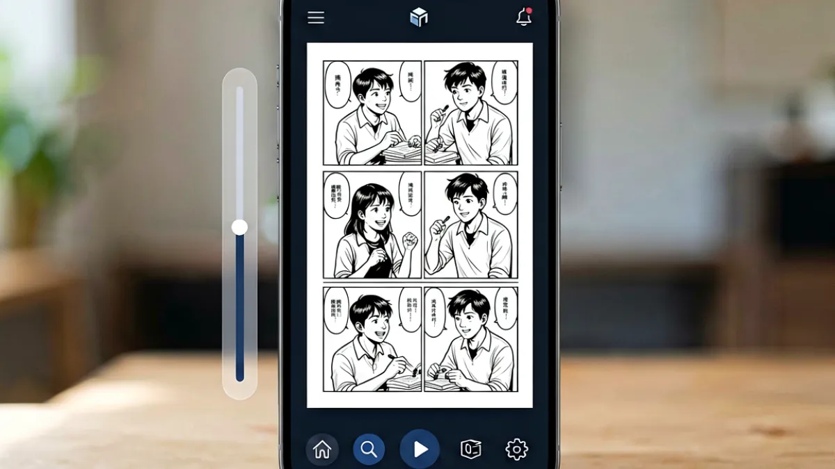 深色背景的阅读界面截图，显示漫画分页加载流程和工具操作按钮，左侧悬浮进度条指示当前阅读位置